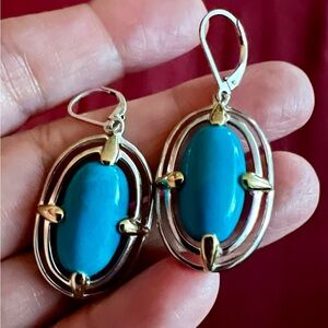 Vintage Turquoise vermeil Sterling Silver with Gold Oval Earrings, 925 Thailand